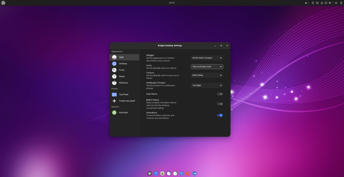 This image shows Budgie Desktop Settings, after we switch our theme to dark compact style